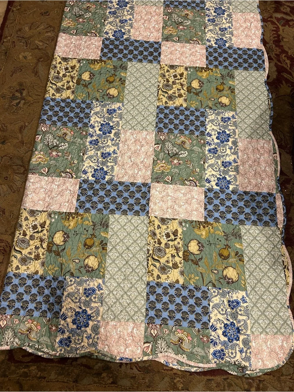 MarCielo Pink Blue Green Yellow White Patchwork 98x102 Inches Cottagecore Quilt